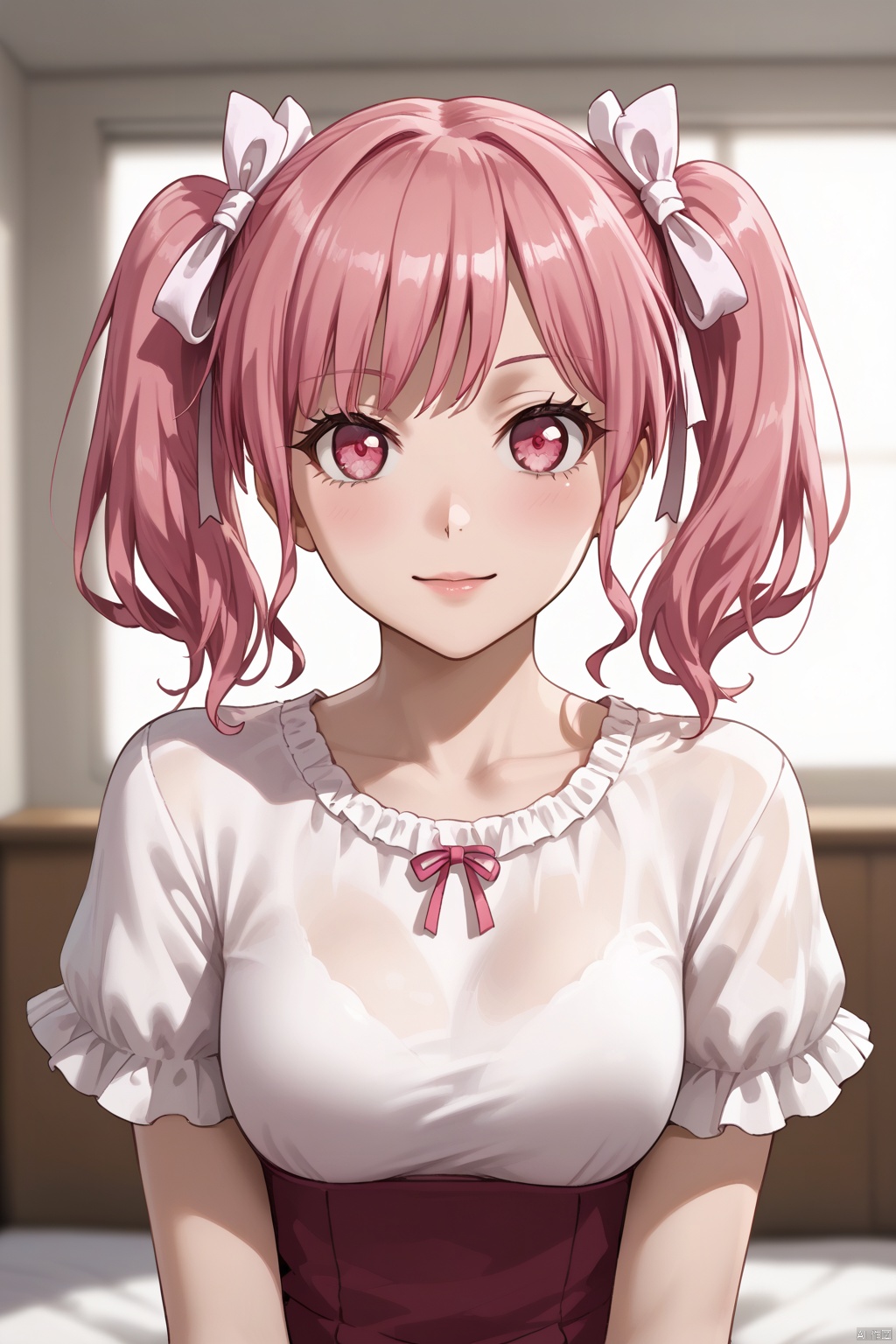1girl, solo, looking at viewer, ,Maruyama Aya,hair ribbon,bangs,pink eyes,pink hair,twintails