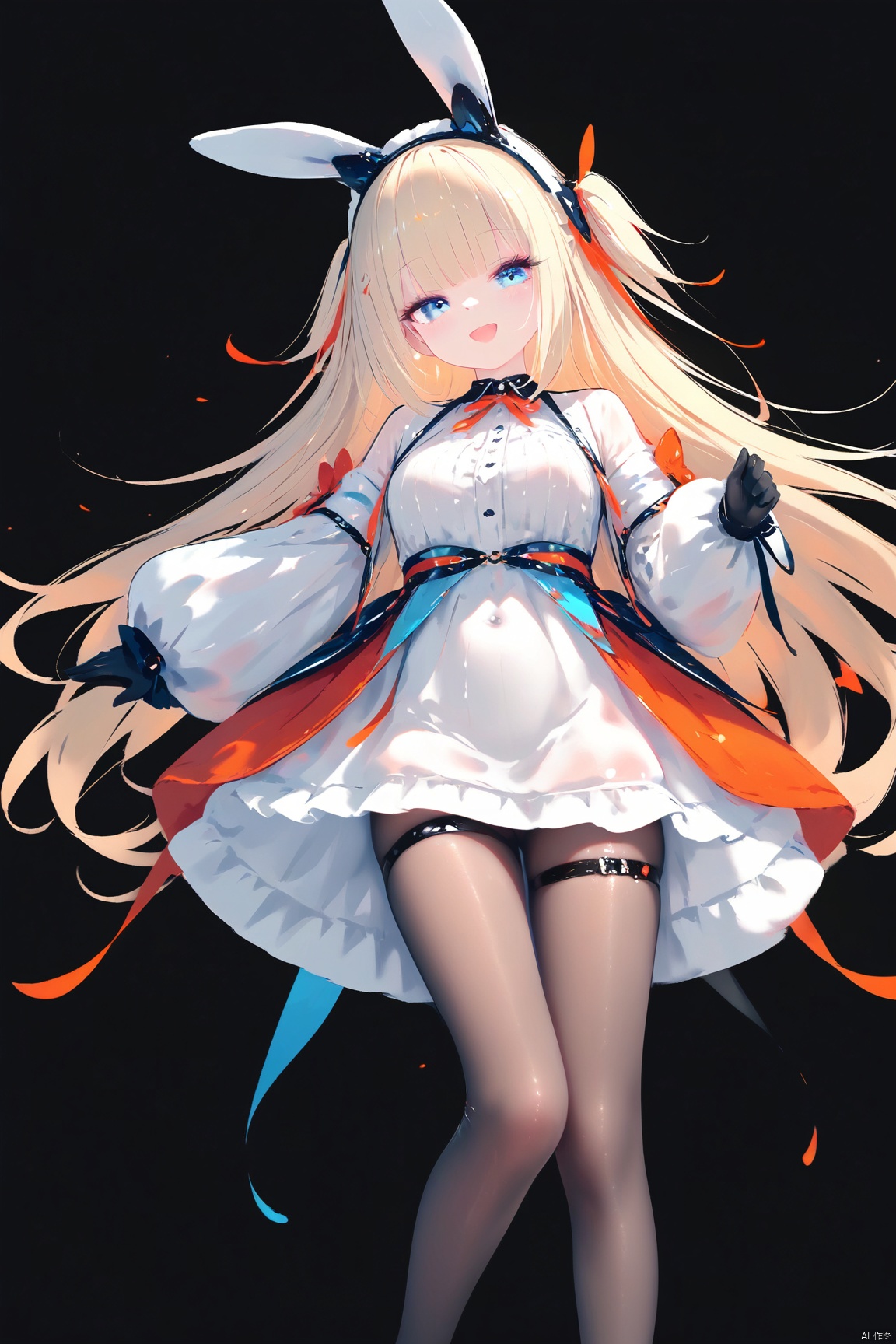 1girl, solo, blonde hair, long hair, blue eyes, pantyhose, open mouth, thigh strap, black background, smile, gloves, breasts, looking at viewer, black gloves, animal ears, simple background, very long hair, bangs, :d, rabbit ears, dress, headgear, white dress, fake animal ears, long sleeves, see-through,full body,(((loli))),(petite:1.2),(cute:1.2),((masterpiece)),(((best quality))),((ultra-detailed)),((illustration)),Depth of field,(colorful), [artist:wlop],[[artist:sheya]],artist:hiten_(hitenkei),Pantyhose