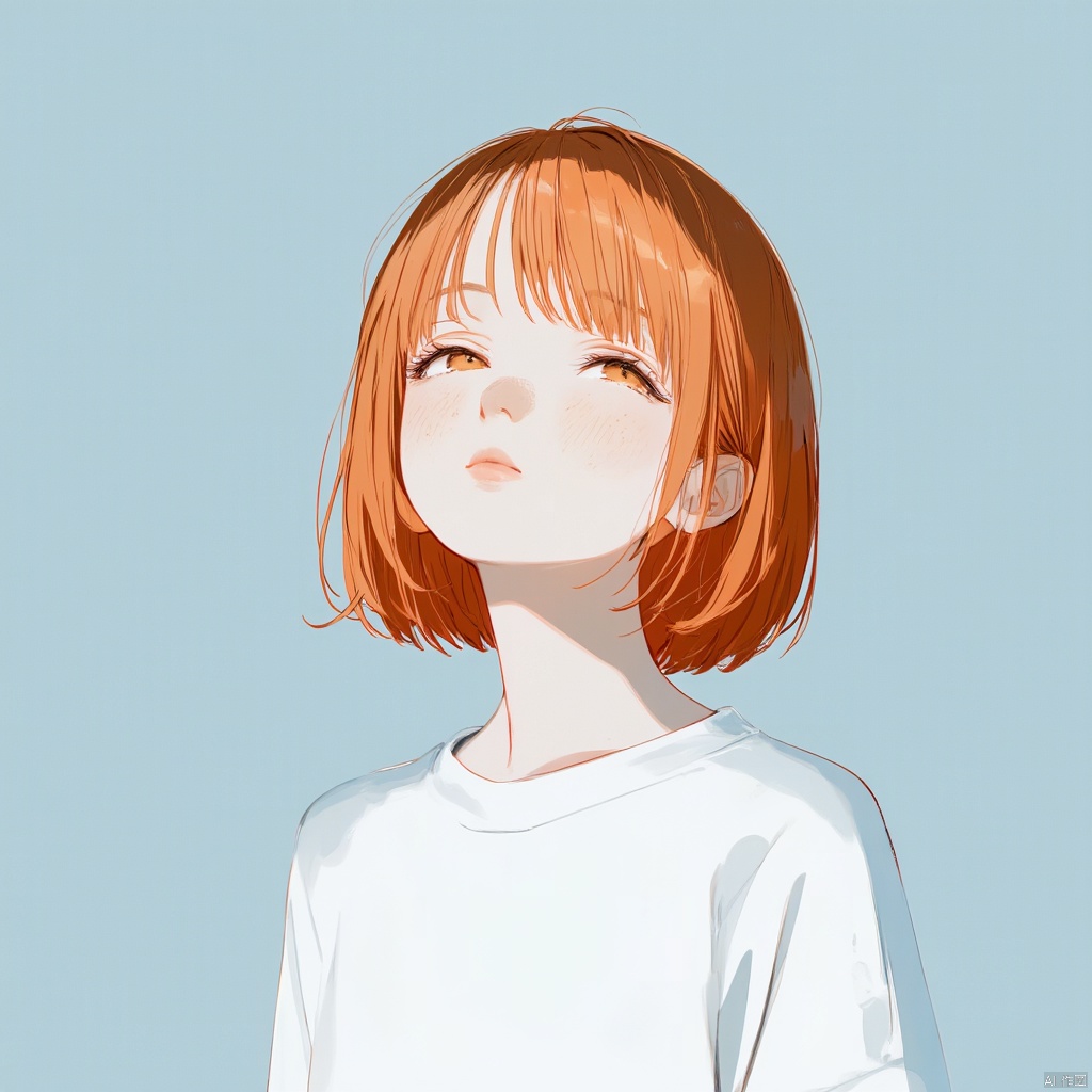 The image features a female subject with a striking and stylized appearance, standing against a soft, pale blue background. She has a distinct orange bob haircut and a contemplative or distant expression on her face, with her eyes gazing slightly upwards. She is wearing a plain white sweatshirt, which contrasts with her bright hair and pale skin. Notably, her skin is dotted with freckles, adding to the realism and texture of the image. The overall mood appears serene and somewhat introspective, emphasized by the minimalist styling and the soft lighting that casts gentle shadows on the subject's face.