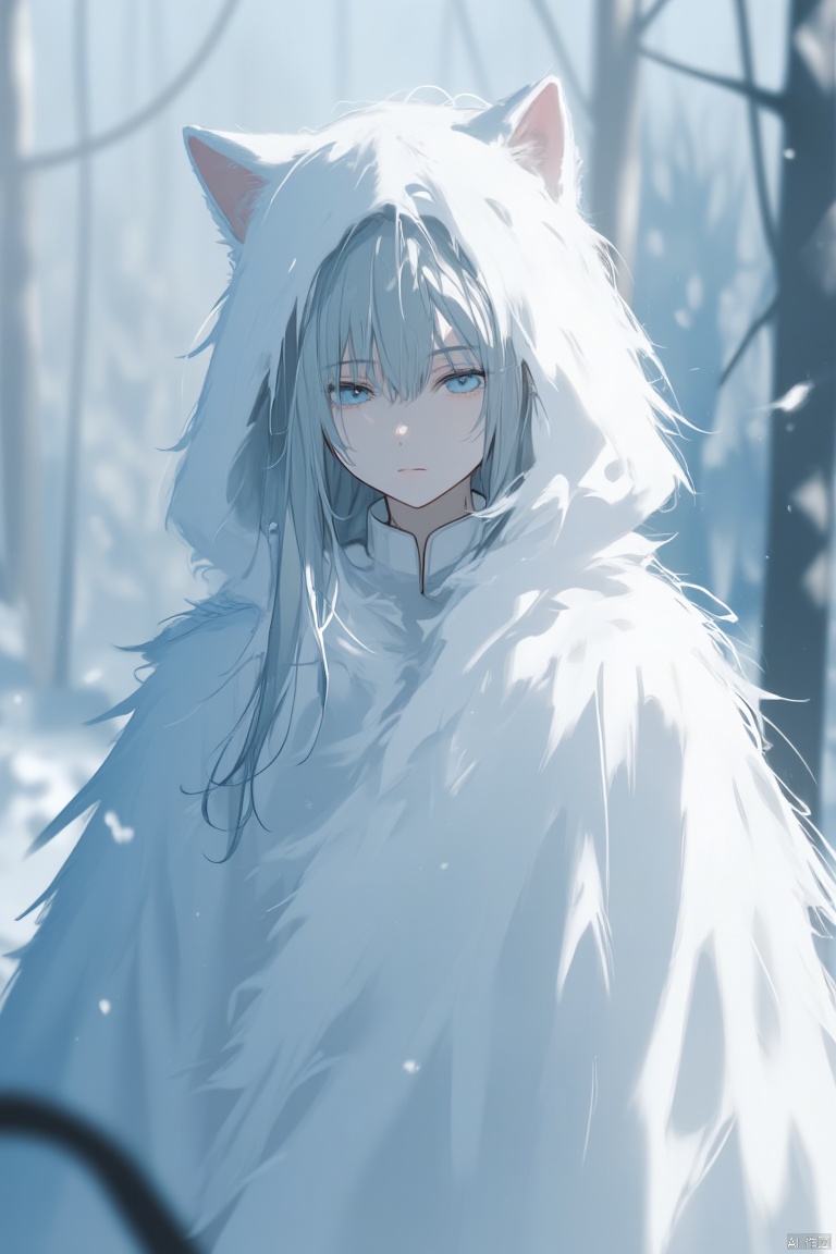 as ghost mode,Silver-haired, hooded figure in a fluffy white wolf costume, standing amidst a snowy backdrop, with piercing blue eyes and a serene yet intense expression, conveying a mystical and enigmatic aura.