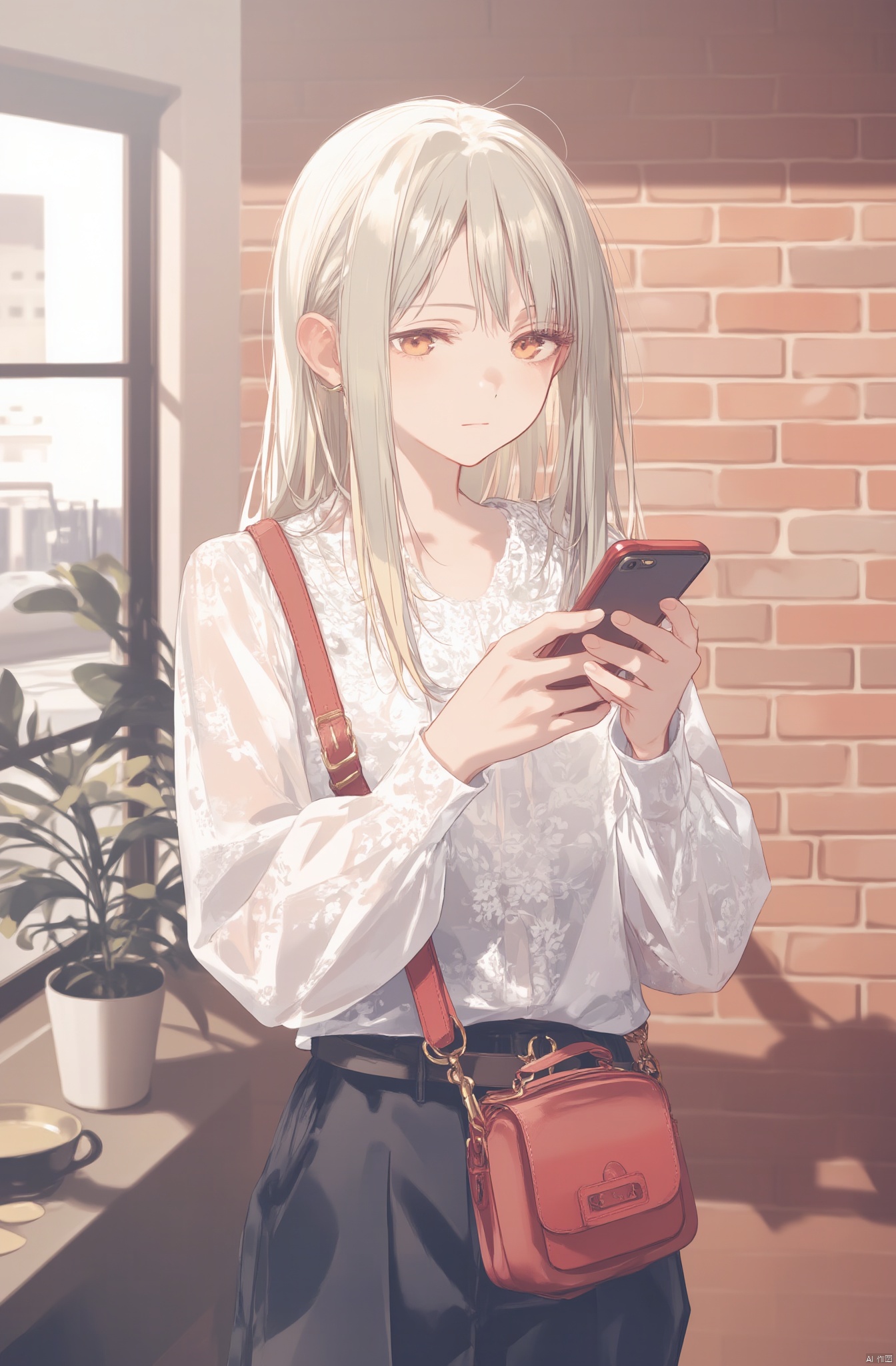 The image is an illustration of a young woman standing in front of a brick wall. She is wearing a white blouse with a floral pattern and black pants. She has long blonde hair and is holding a red crossbody bag in her left hand. The woman is looking at her phone with a serious expression on her face. The background shows a window with a view of a city street and a potted plant. The image is numbered 09.
