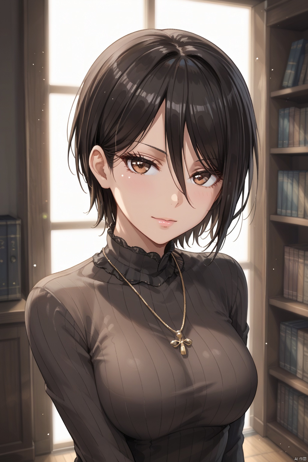1girl, solo, looking at viewer, ,Yashio Rui,short hair, black hair,hair between eyes,brown eyes,breasts
