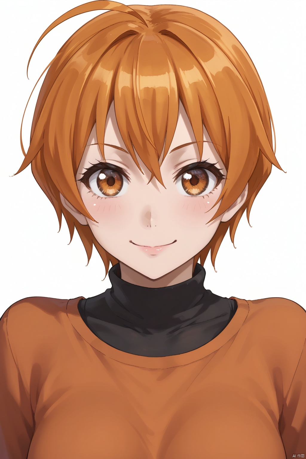1girl, solo, looking at viewer,Kitazawa Hagumi,orange eyes,orange hair,ahoge,brown eyes,short hair, smile,  