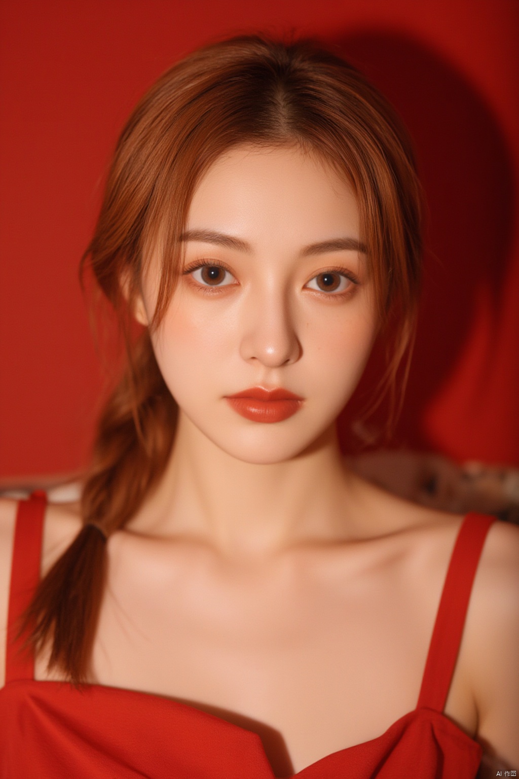 Captured on film, a masterpiece of intimacy: a stunning Chinese woman, 22 years old, poses solo in a close-up portrait with a fisheye lens (1.2). The red theme is amplified by her fiery locks, silver eyes, bold red lipstick, and subtle blush. Freckles scatter across her cheeks, adding to the whimsical charm. She dons a simple yet seductive red dress, showcasing her cleavage and natural skin texture. A light smile plays on her lips, exuding pure innocence. The shallow depth of field creates a dreamy atmosphere, with detailed lighting highlighting her features against a romantic red wall background. Intricate details abound in this cinematic masterpiece.