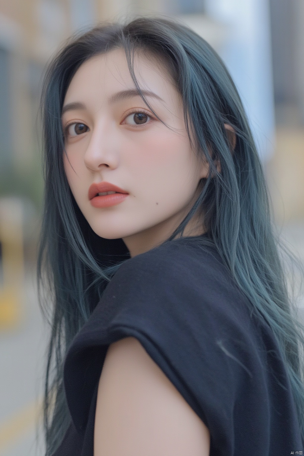 21yo girl, solo, looking at viewer, smile, (blue_hair:1.45),