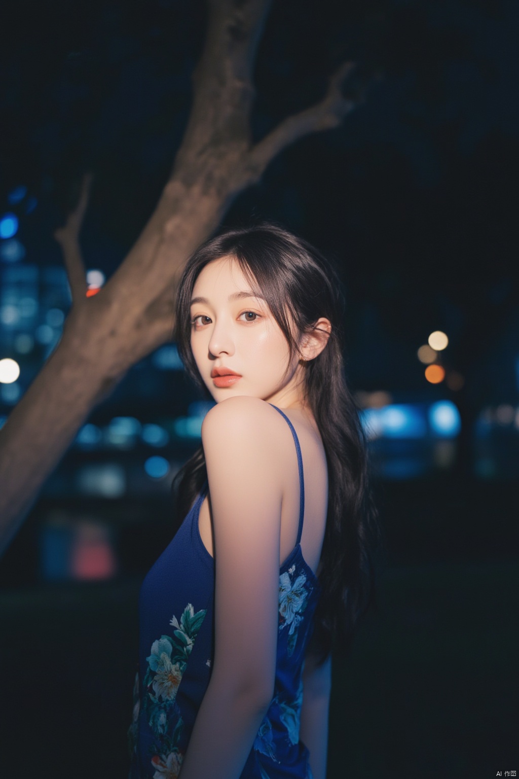 cityscape,cute hubggirl,lip biting,seductive leaning forward,detailed face,realistic,photorealistic,(studio light:1.2),Deep photo,depth of field,shadows,messy hair,seductive silhouette play,dark,nighttime,dark photo, solo, long hair, black hair, hair ornament, dress, hair bun, tree, blue dress, chinese clothes