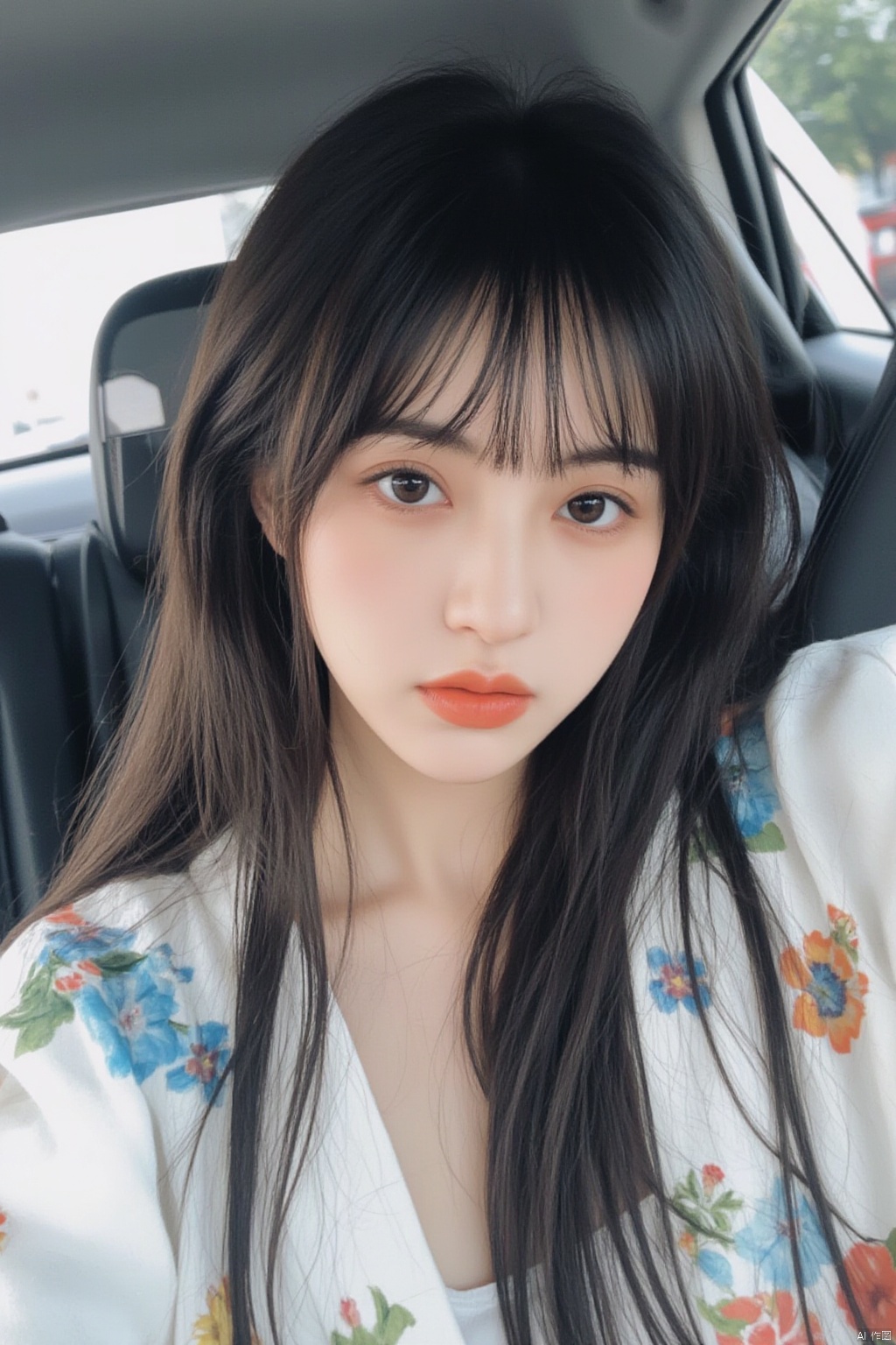 A young Asian woman with long dark hair is wearing a white jacket with blue flowers on it. The woman has bangs that are falling over her shoulders. She has dark brown eyes and a small nose. She is sitting in a car.