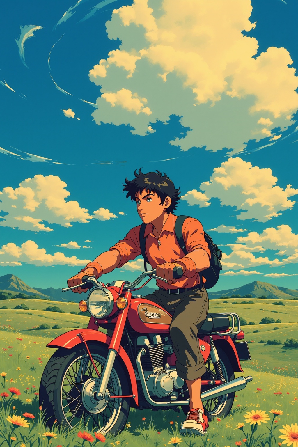 Golden Boy (manga),  a japanese series,  riding a motor cycle on Tensor.Art