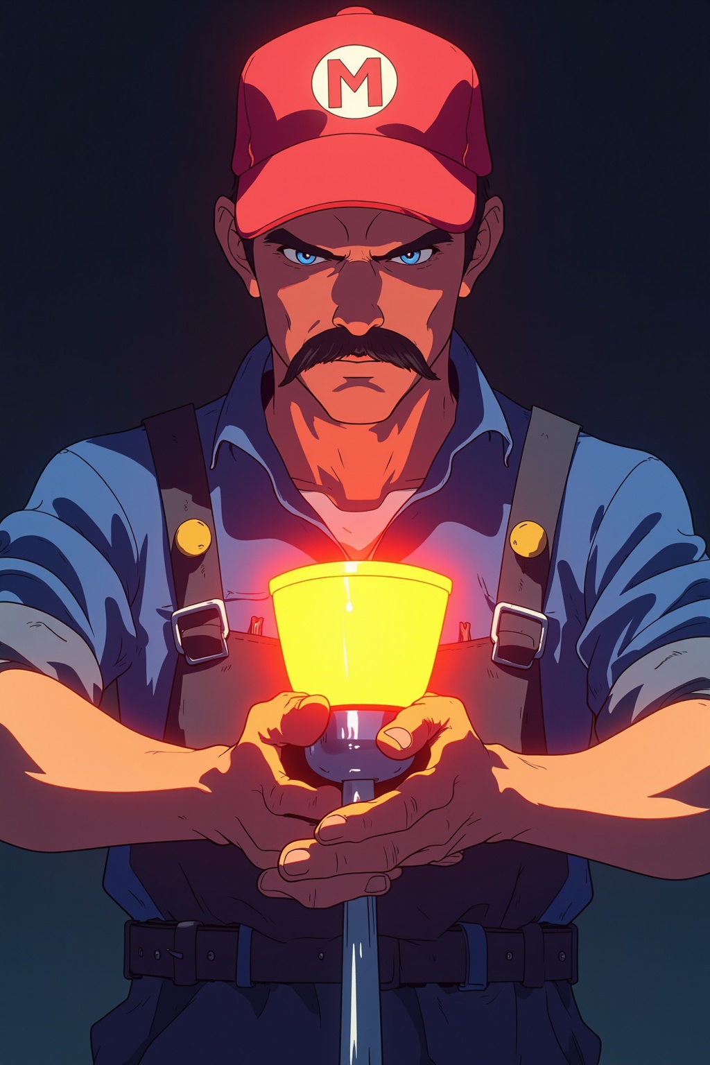 A male plumber with thick moustache is shown from the torso up,  holding a glowing toilet plunger in front of him. He is w...