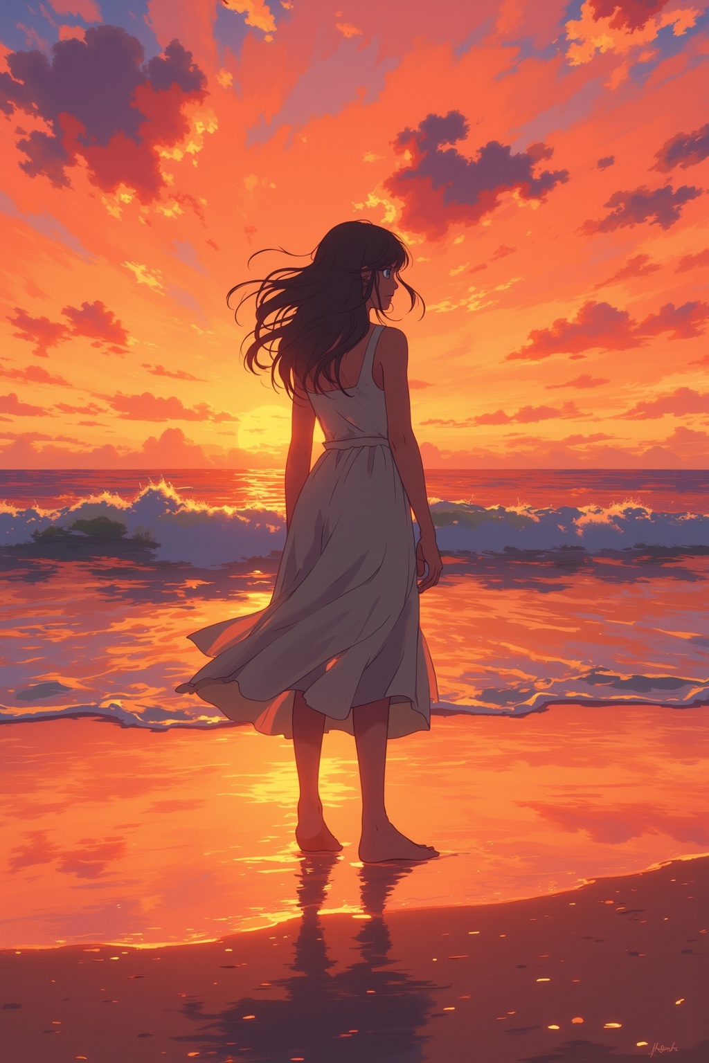 Capture a girl standing on a beach at sunset,  with the ocean waves gently lapping at her feet. Her hair could be blowing...