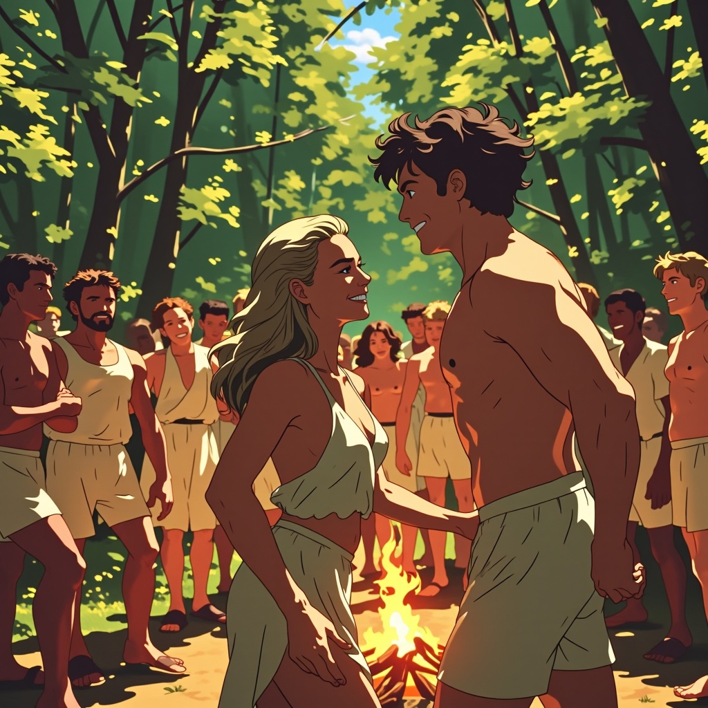 in a forest during the day. Event: many happy adults dressed in white dancing in a forest around a bonfire that is roastin...