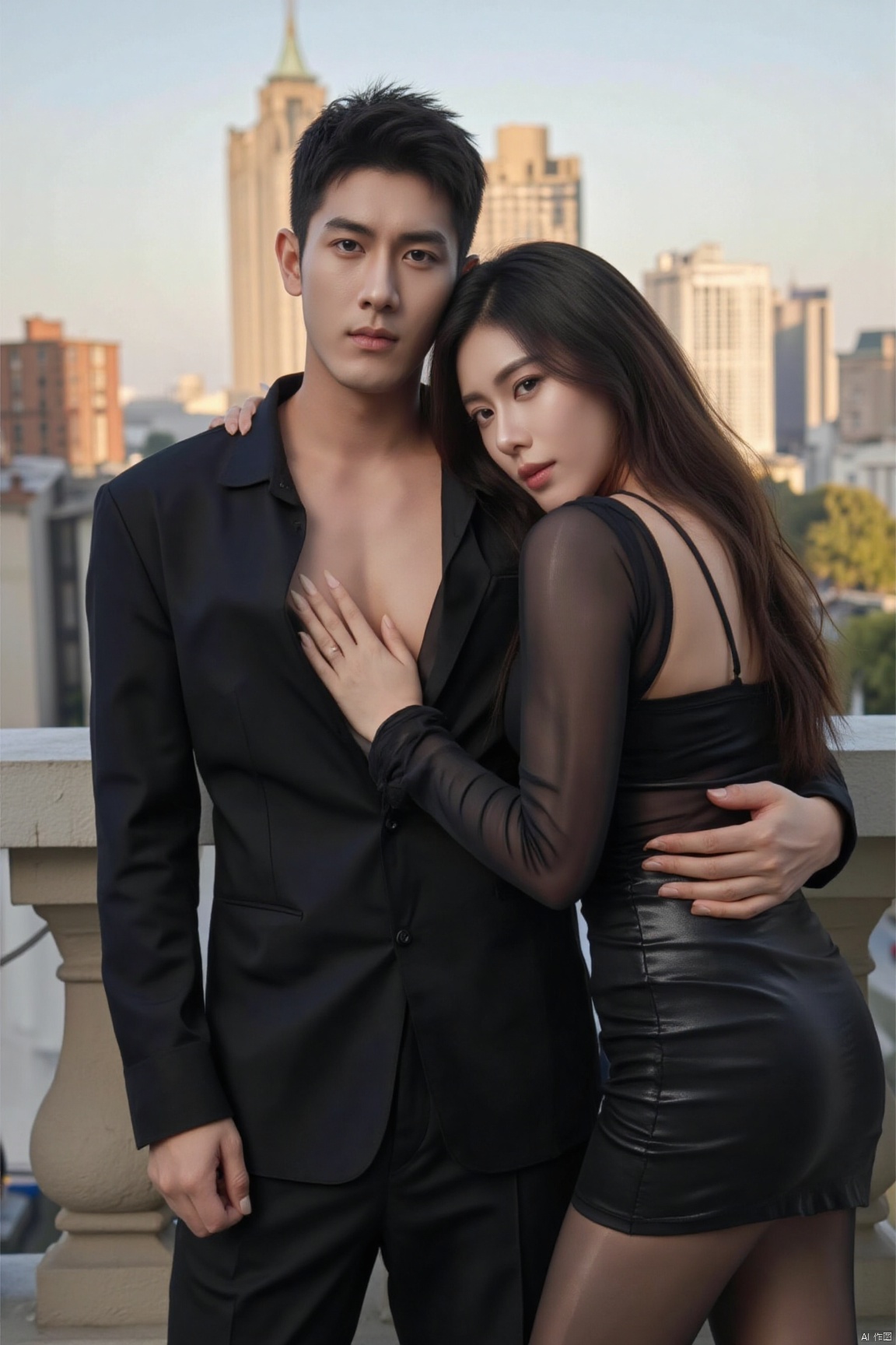 1man and a woman hugging together,Ambiguous,Seducing,asian,exquisite facial features,the man is wearing tight shirt ,the woman is wearing dress,glossy pantyhose,The woman's hand caressing man's body,On the rooftop,city landscape,Sunset,shot on a Sony a7III, detailed, lifelike stylize 750,jzns,plns,xkj,biu,