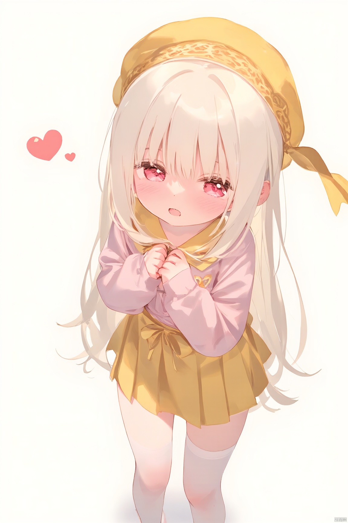 long hair, breasts, blush, open mouth, bangs, 1 girl, skirt, blonde hair, shirt, red eyes, long sleeves,  hat, hair between eyes, standing, white hair, heart, sweat, pleated skirt, small breasts, no shoes,  socks,  symbol-shaped pupils, kneehighs, loli, saliva,trembling,  pink shirt,yellow skirt, yellow headwear, illyasviel von einzbern