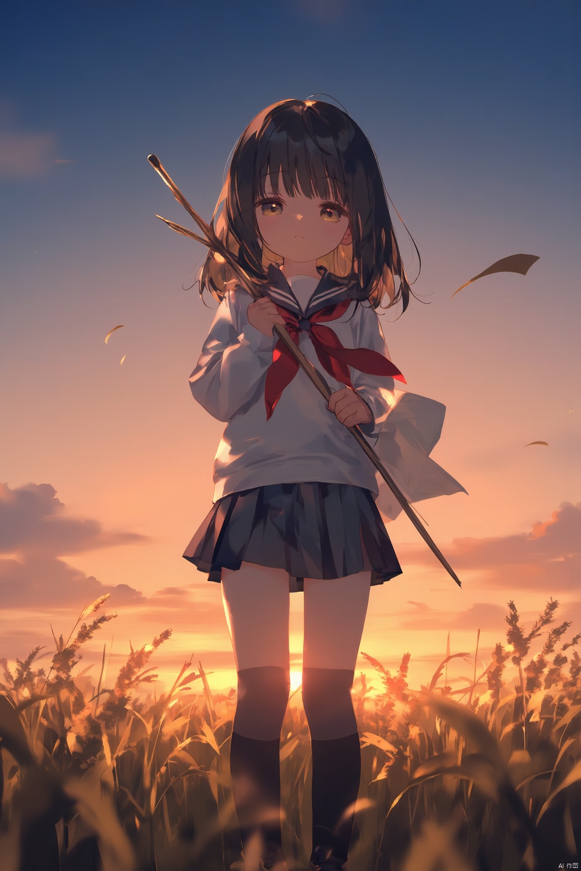 1girl, black_hair, black_legwear, brown_eyes, cloud, cloudy_sky, dusk, evening, gradient_sky, kneehighs, long_sleeves, neckerchief, orange_sky, outdoors, paper, pleated_skirt, red_neckerchief, red_sky, school_uniform, serafuku, shoes, skirt, sky, solo, sun, sunset, twilight, utility_pole