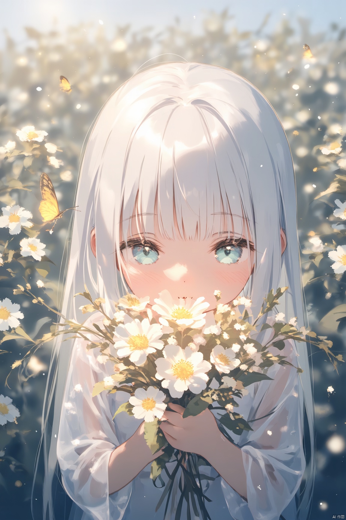 (official art, 8k wallpaper, ultra detailed, High quality, best quality),white flowers ,1girl,from above,bird's-eye_view,vintage filter,among flowers, backlight,limited_palette,white,field s of flowers , colors,Depth of field,(colorful),  Glowing butterfly,covering mouth with flowers, looking to viewers through the flowers, lovely, sweet. blurry foreground, motion blur, focused, bokeh, glowstick, chromatic aberration, blur censor, film grain,winter,Drifting snow, dancing snowflakes,white hair,blue eye,