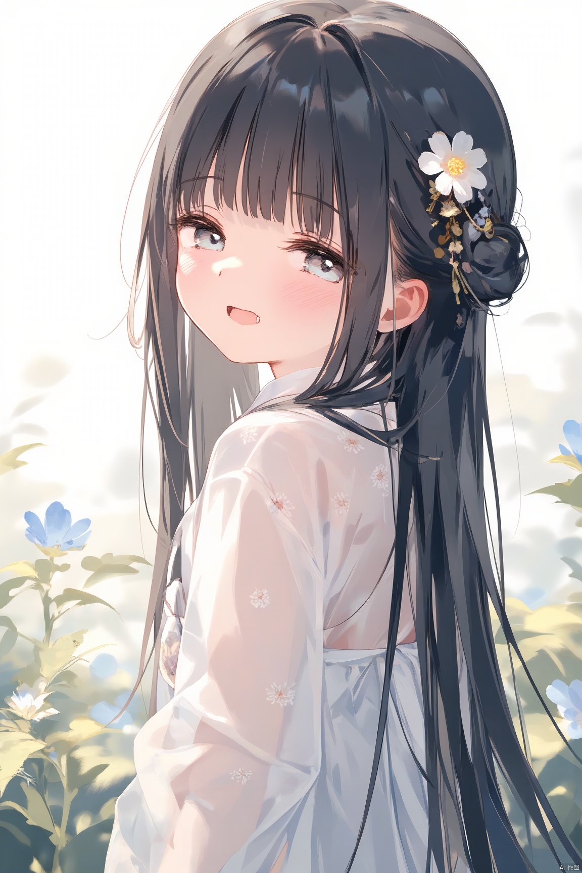 1girl, solo, long hair, looking at viewer, blush, open mouth, bangs, black hair, hair ornament, long sleeves, upper body, flower, fang, hair flower, wide sleeves, blunt bangs, hair bun, from side, see-through, looking to the side, grey eyes, plant, white flower, blue flower,hanfu