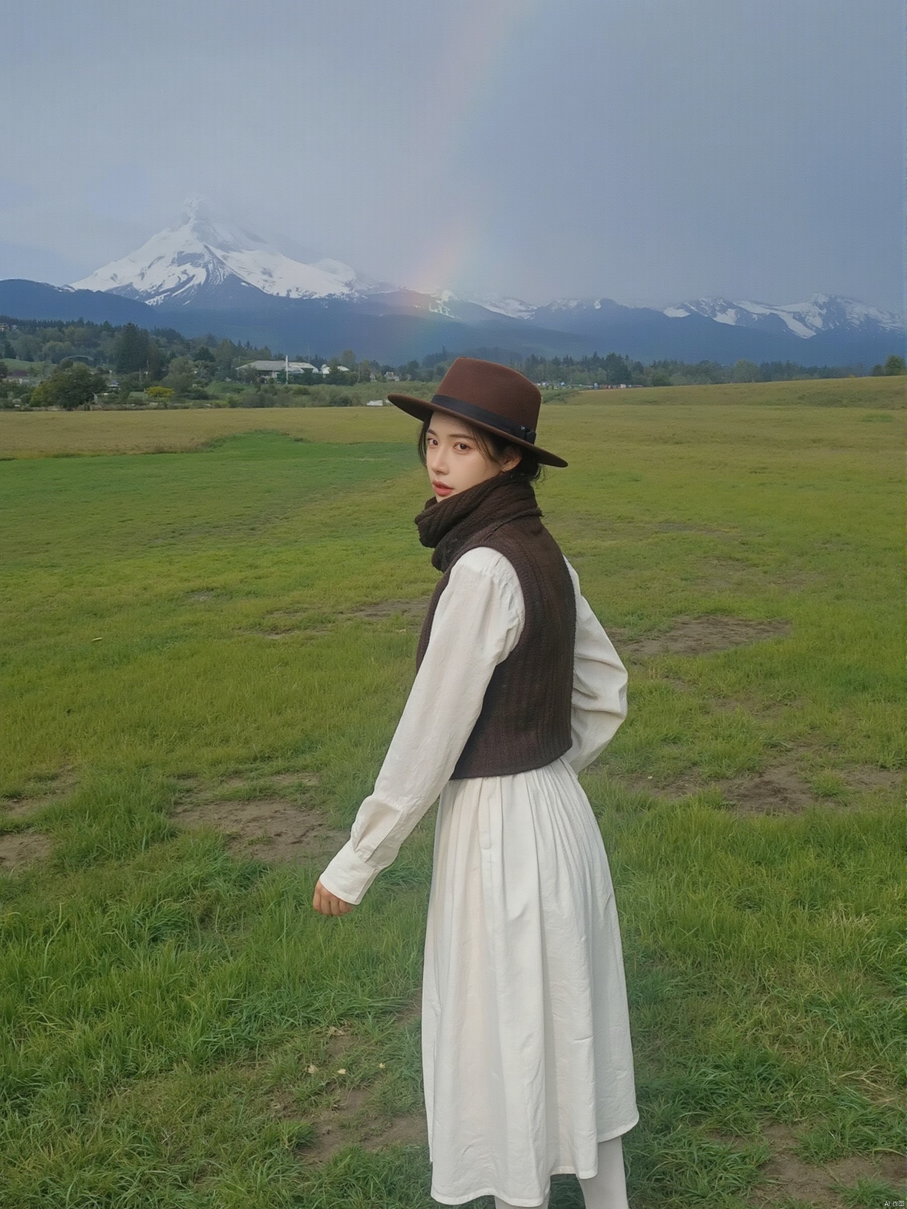 After the rain cleared up, a woman wearing a white dress, brown vest, and brown hat stood at eye level. She looked up at a mountain range with a rainbow in the distance. The woman's hair is dark brown and she is wearing a brown scarf. She stood on a green grassland with patches of soil on it. In the distance, the mountains are covered in snow, and the sky is deep blue.