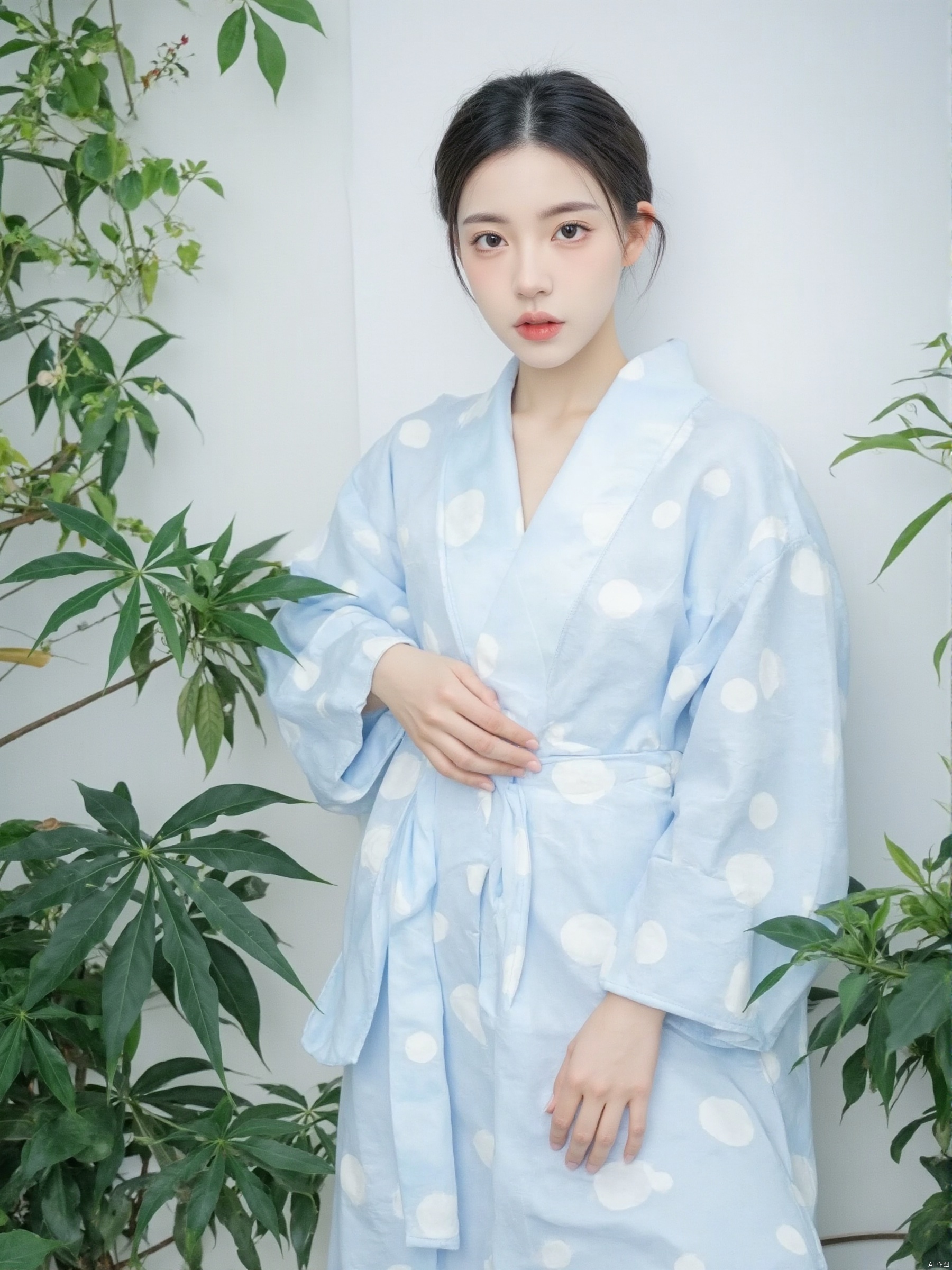 a young Asian woman stands with her hands on her hips. She is dressed in a light blue kimono with white polka dots on it. Her hair is pulled back in a ponytail, adding a pop of color to her outfit. The backdrop is a stark white wall, with a white rectangle on it, creating a stark contrast to the green plants.