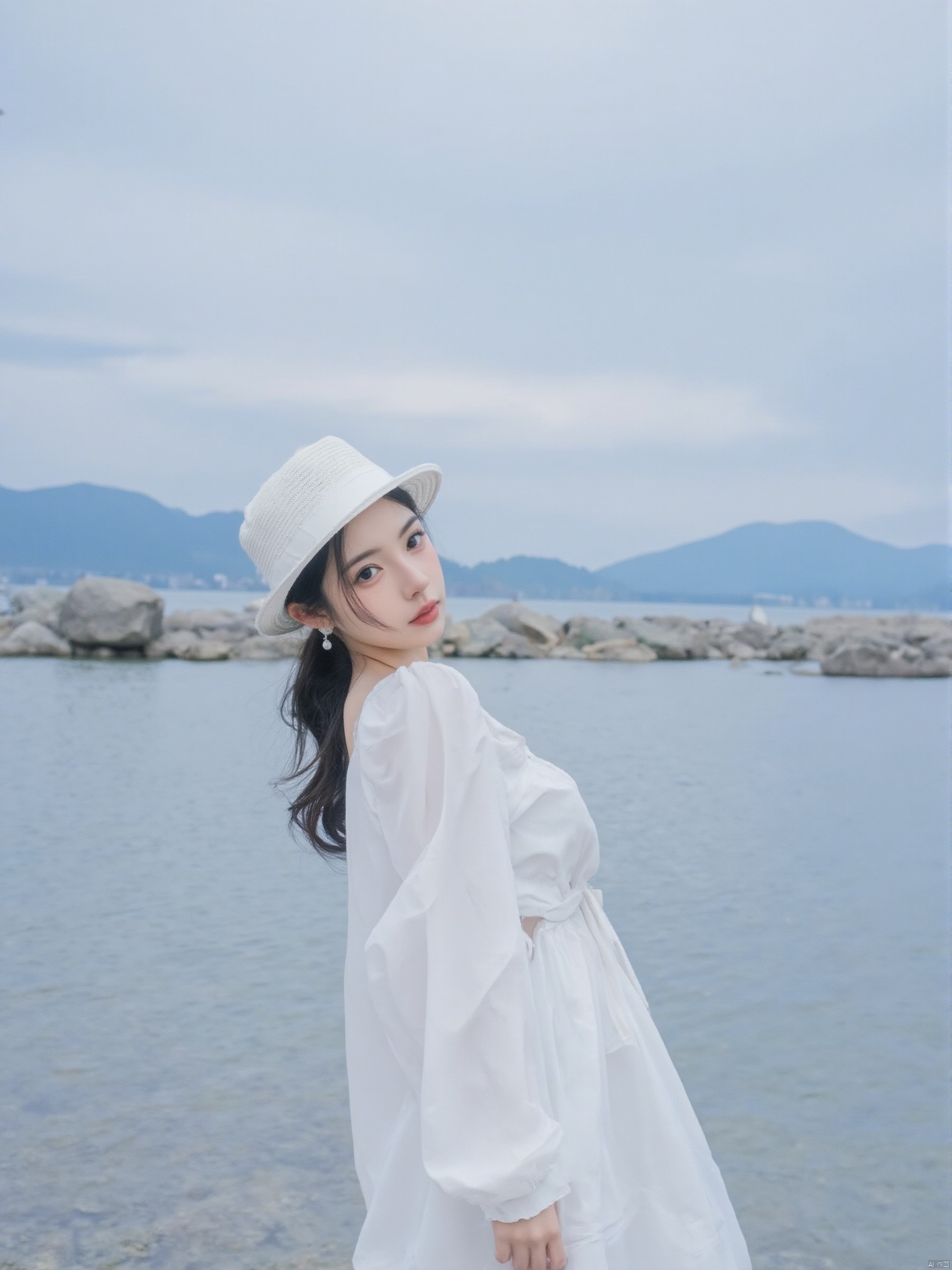 A woman is standing on the riverbank. She is wearing a white long sleeved dress and a white hat. Her hair draped over her shoulders, adding a touch of dynamism to her face. The sky is a soft blue with a few thin clouds that add depth to the scene. The woman's gaze turned towards the audience. The background is a peaceful lake, with rocks and mountains in the distance.