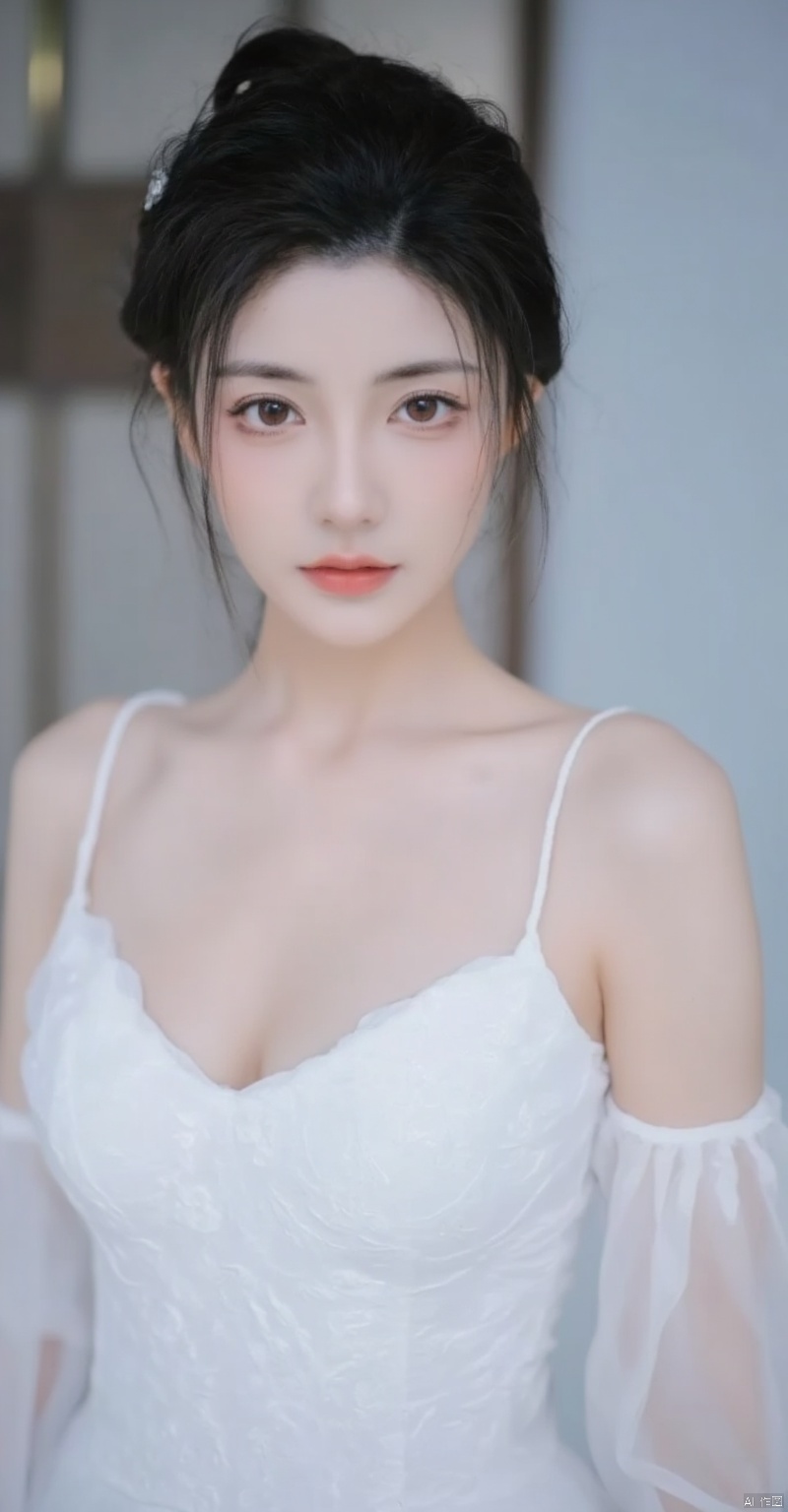 a close-up shot of a young Asian woman with dark brown hair and brown eyes. She is wearing a white sleeveless blouse with a low neckline that is adorned with white embroidery. Her hair is pulled back in a ponytail, adding a touch of texture to her face. The backdrop is blurred, creating a stark contrast to the woman's white dress.