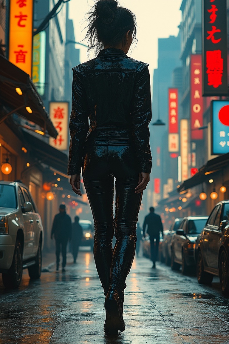 Yoji Shinkawa art style,  a woman walking on a bustling street,  intricate ink lines and metallic textures on Tensor.Art