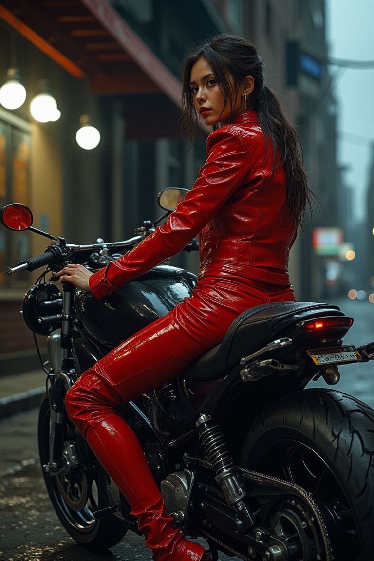 Yoji Shinkawa art style,  a woman wearing a red leather jacket,  standing next to a sleek motorbike on Tensor.Art