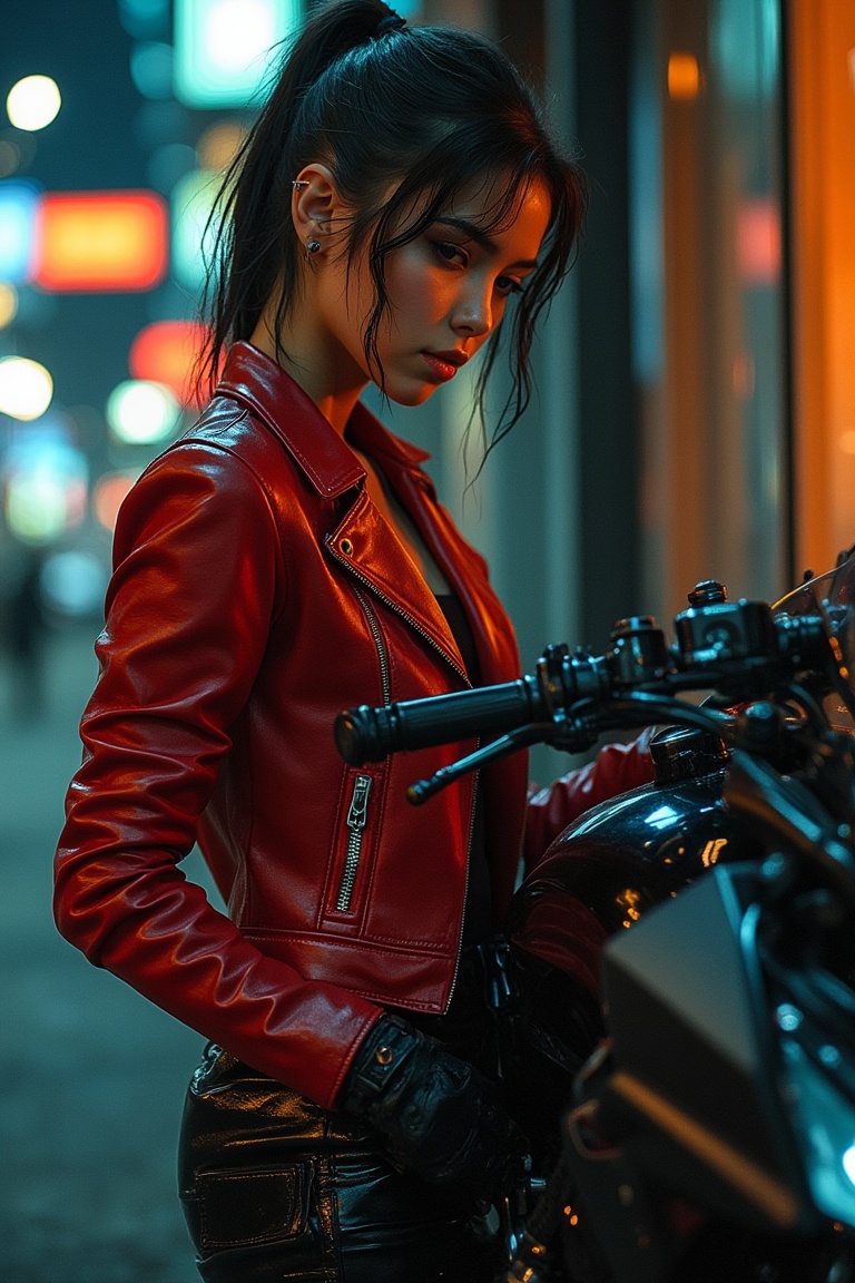 Yoji Shinkawa art style,  a woman wearing a red leather jacket,  standing next to a sleek motorbike on Tensor.Art