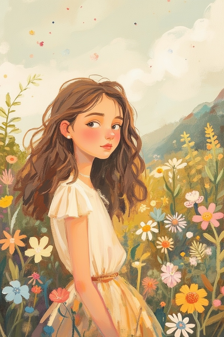 A Tove Jansson-inspired illustration,  half medium shot of a woman with wavy hair,  standing in a serene landscape. The so...