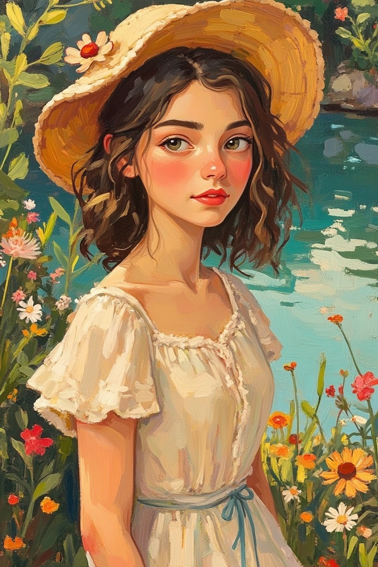 A Tove Jansson-inspired illustration,  half medium shot of a woman wearing a hat,  standing in a garden by a tranquil lake...