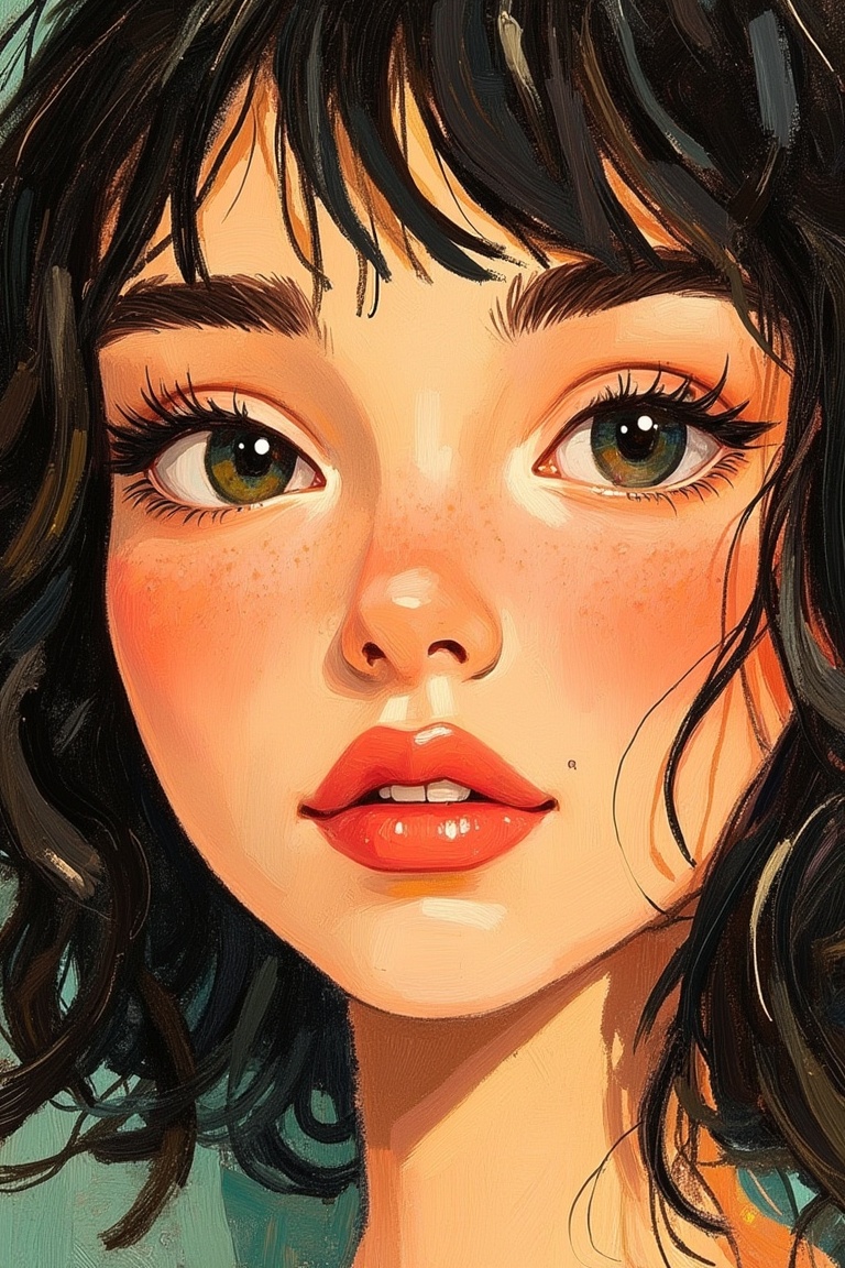 A Tove Jansson-inspired illustration,  close-up of a woman's face with black hair,  showcasing a cheeky expression and glo...