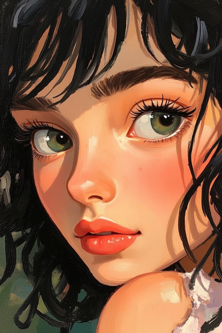 A Tove Jansson-inspired illustration,  close-up of a woman's face with black hair,  showcasing a cheeky expression and glo...