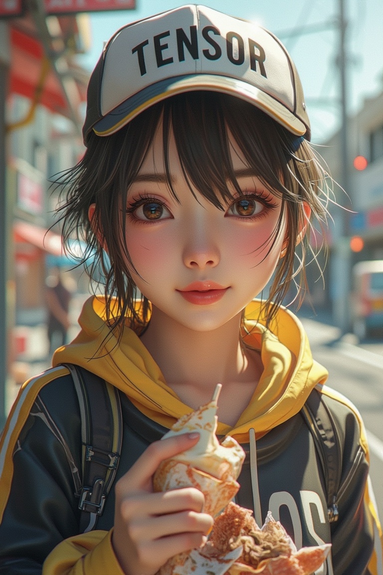Hyper-realistic anime character,  close-up face,  wearing a black and yellow hoodie on Tensor.Art