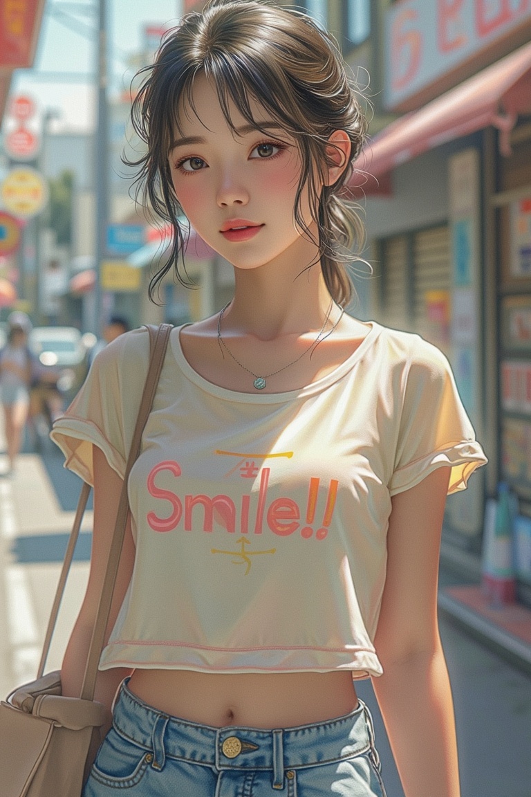 Hyper-realistic anime girl,  close-up face,  tee shirt with Smile!! written on Tensor.Art