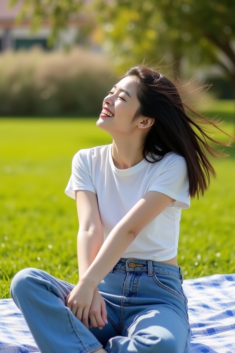 Photograph of a Chinese woman sitting on a picnic blanket in the school garden,  wearing a cropped tee and high-waisted je...