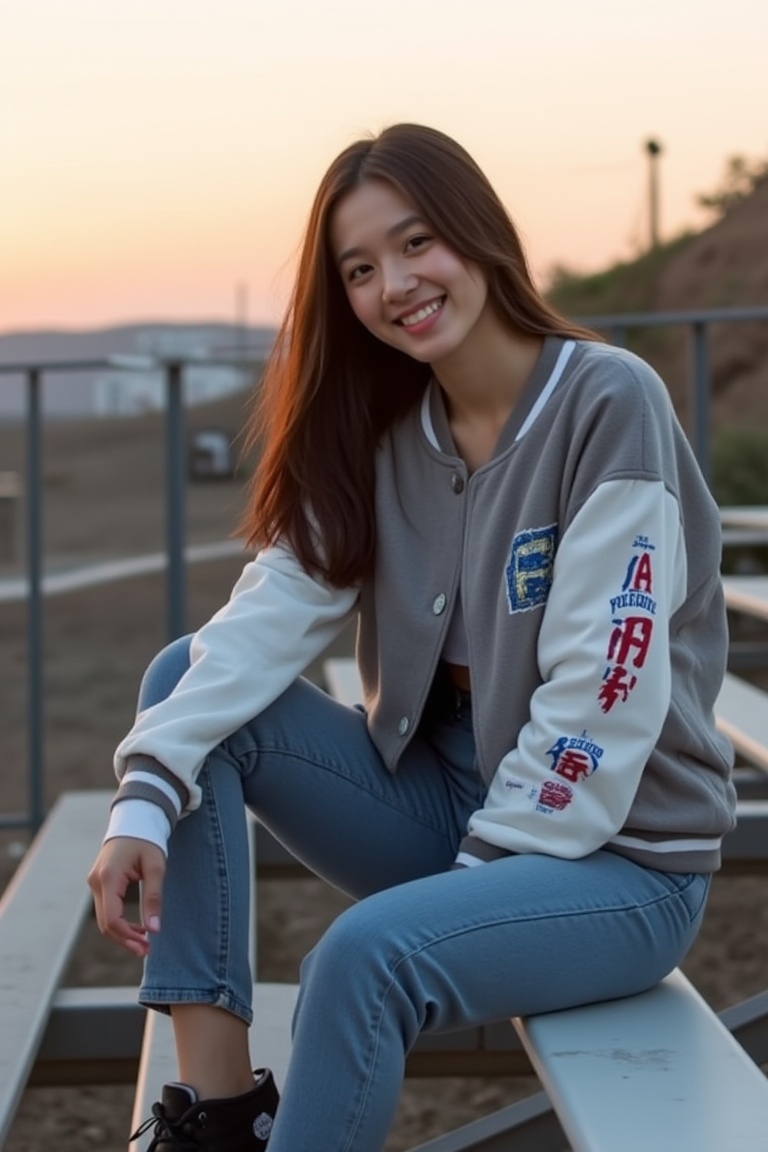 Photograph of a Vietnamese woman sitting on the bleachers in a stylish varsity jacket and high-waisted jeans,  smiling at...