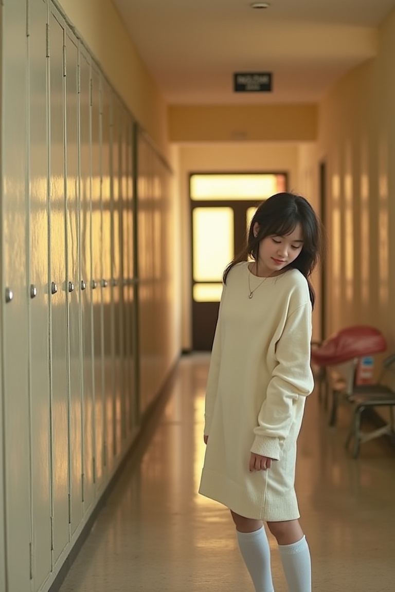 Photograph of a Thai woman standing in a hallway,  her back against a row of lockers,  wearing an oversized sweater and kn...