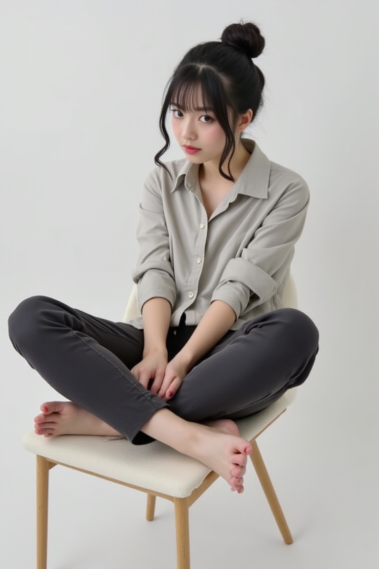 photography,  A girl with black hair styled in a single bun is sitting crosslegged barefoot on a chair in a dynamic pose,...
