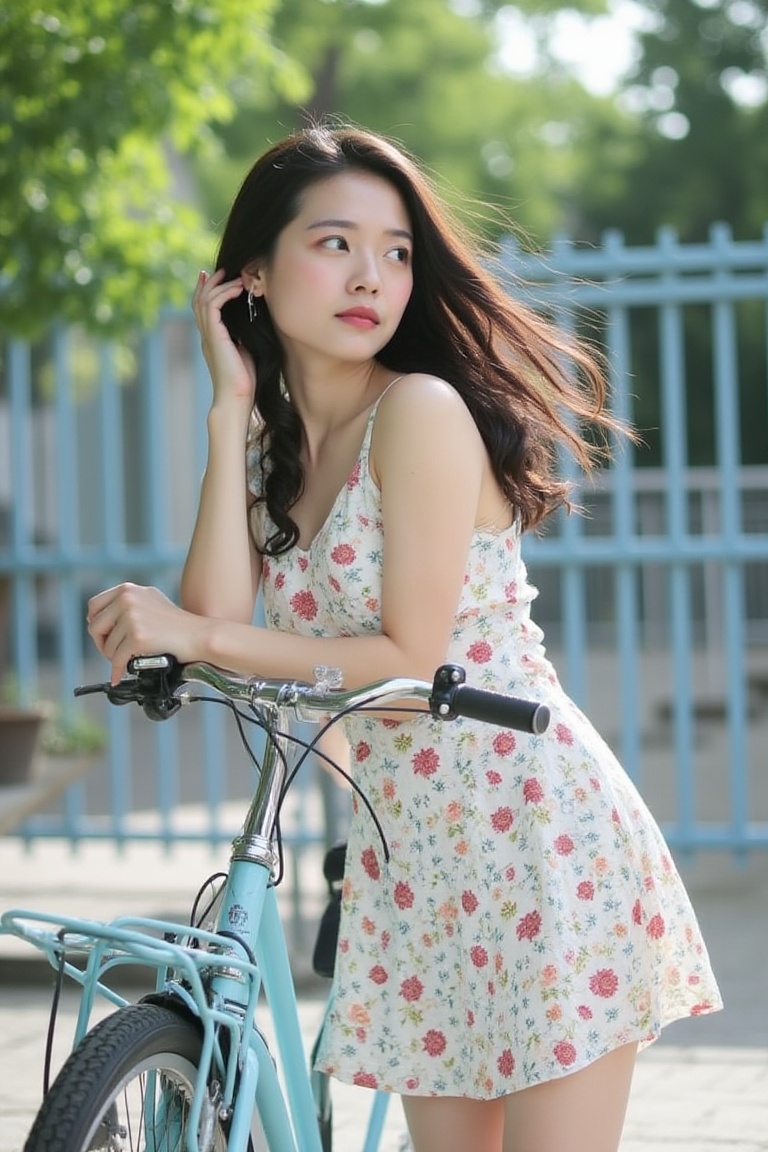 Photograph of a Japanese woman leaning on a bicycle parked in front of a school gate,  her floral sundress flowing gently...