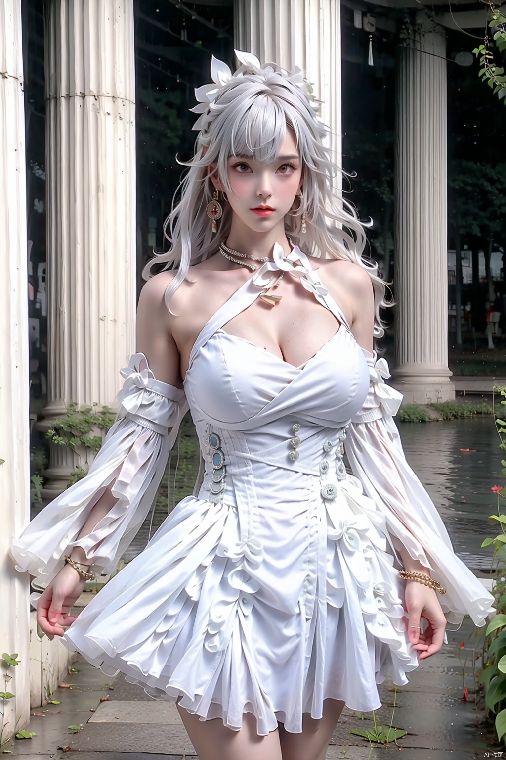 1girl solo breasts looking at viewer dress cleavage jewelry white hair detached sleeves necklace white dress pillar
