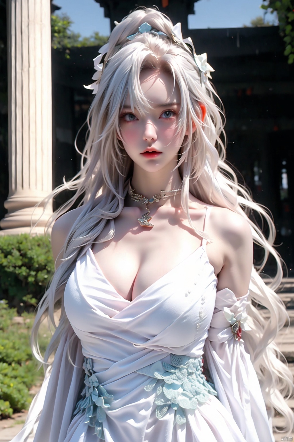 1girl solo breasts looking at viewer dress cleavage jewelry white hair detached sleeves necklace white dress pillar
