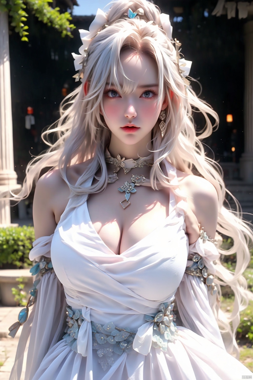 1girl solo breasts looking at viewer dress cleavage jewelry white hair detached sleeves necklace white dress pillar
