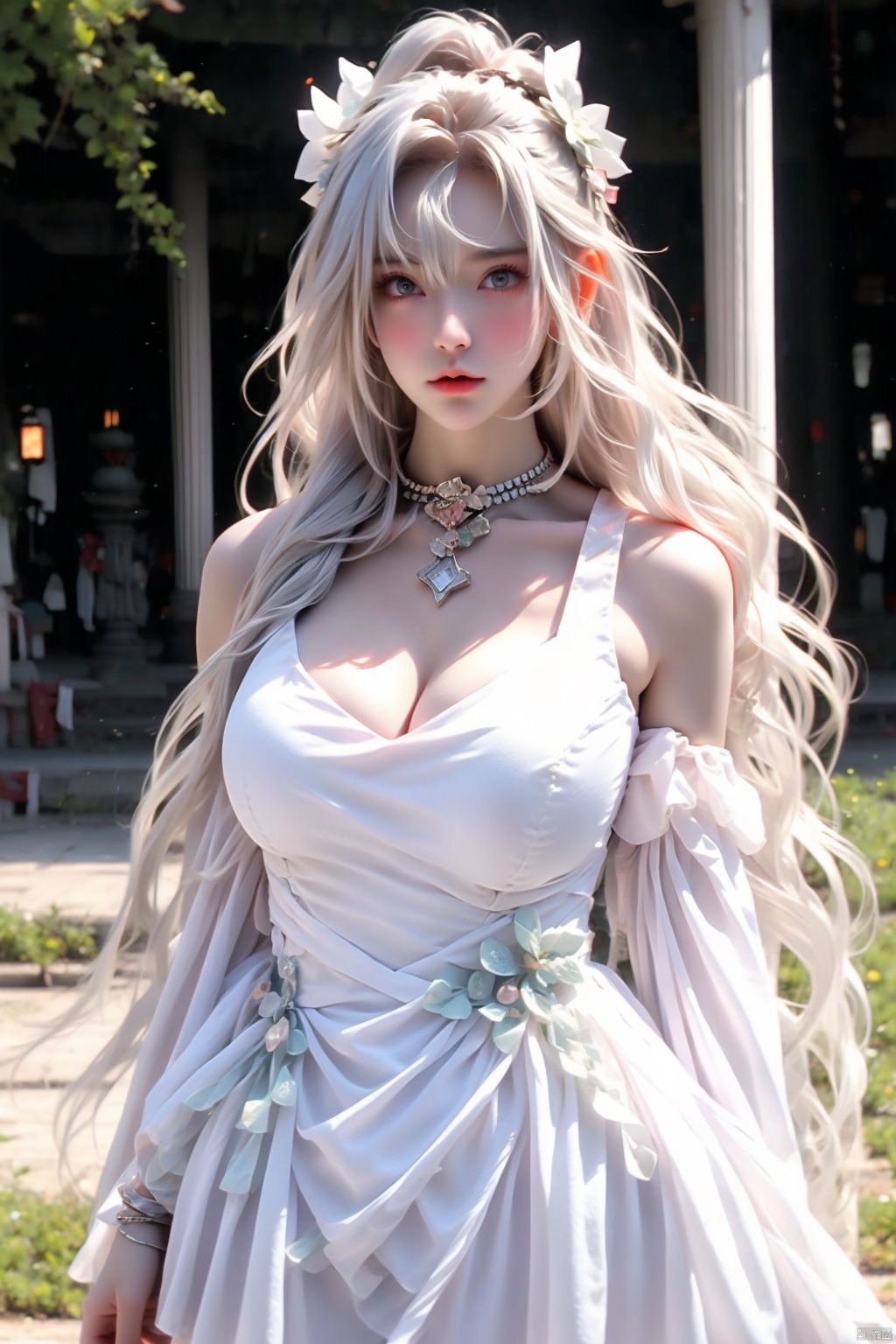 1girl solo breasts looking at viewer dress cleavage jewelry white hair detached sleeves necklace white dress pillar
