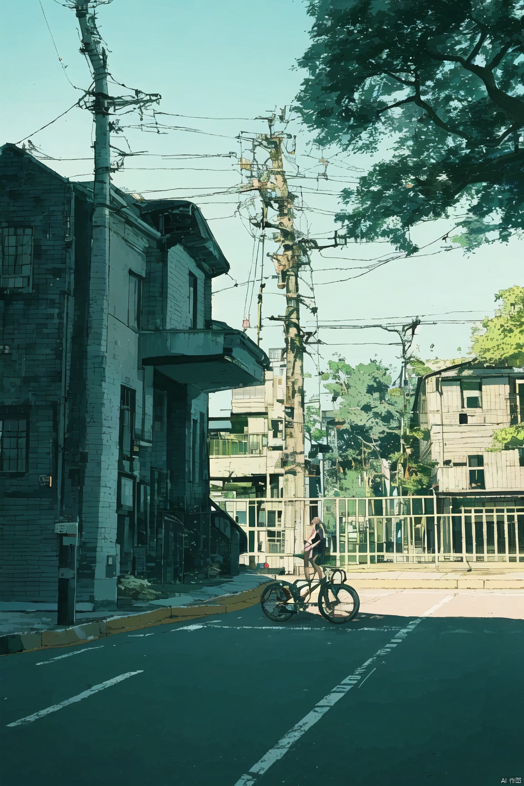 1girl, solo, outdoors, sky, day, tree, ground vehicle, building, scenery, motor vehicle, road, power lines, bicycle, utility pole