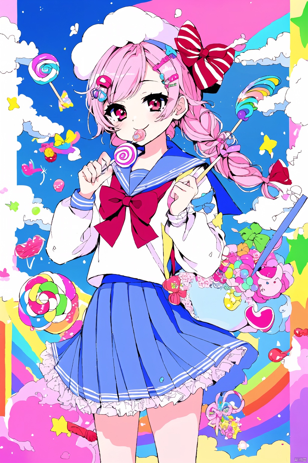 1girl, solo, long hair, looking at viewer, smile, skirt, hair ornament, hat, bow, ribbon, school uniform, pink hair, braid, flower, hair bow, pleated skirt, food, serafuku, hairclip, cloud, pink eyes, star \(symbol\), twin braids, blue skirt, candy, lollipop, rainbow, sheep, swirl lollipop