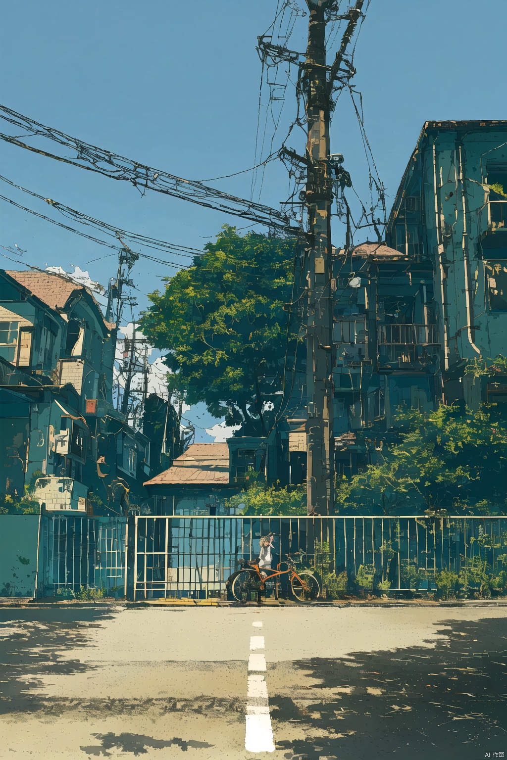 1girl, solo, outdoors, sky, day, tree, ground vehicle, building, scenery, motor vehicle, road, power lines, bicycle, utility pole
