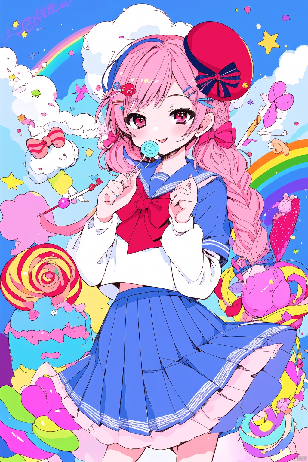 1girl, solo, long hair, looking at viewer, smile, skirt, hair ornament, hat, bow, ribbon, school uniform, pink hair, braid, flower, hair bow, pleated skirt, food, serafuku, hairclip, cloud, pink eyes, star \(symbol\), twin braids, blue skirt, candy, lollipop, rainbow, sheep, swirl lollipop