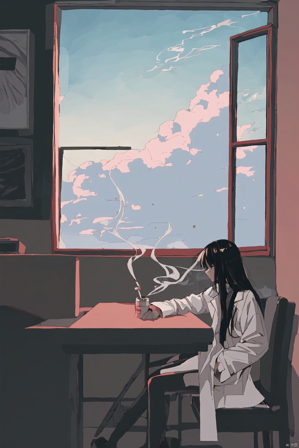1girl, solo, long hair, black hair, long sleeves, sitting, sky, cloud, indoors, coat, window, profile, chair, table, smoke, head rest, cigarette, smoking, white coat, looking outside