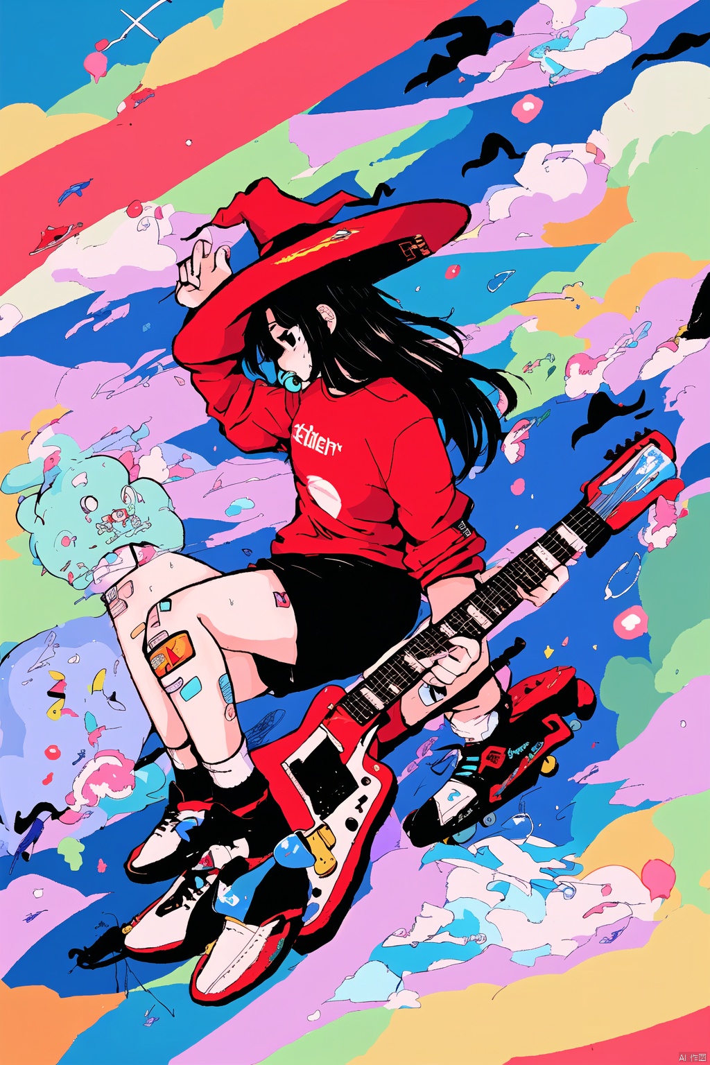 1girl, solo, long hair, shirt, black hair, long sleeves, hat, sitting, shoes, shorts, socks, cloud, bag, black footwear, black eyes, black headwear, profile, witch hat, white socks, red shirt, sneakers, instrument, bandaid, hand on headwear, guitar, electric guitar, bubble blowing, chewing gum, skateboard