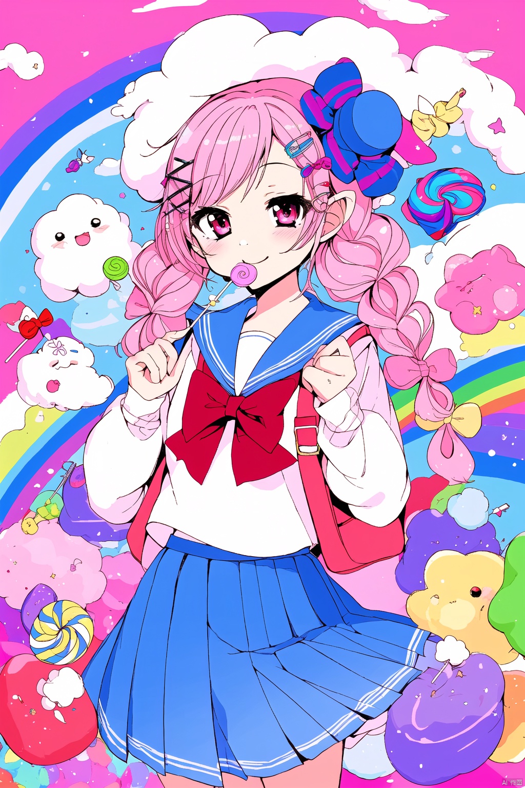 1girl, solo, long hair, looking at viewer, smile, skirt, hair ornament, hat, bow, ribbon, school uniform, pink hair, braid, flower, hair bow, pleated skirt, food, serafuku, hairclip, cloud, pink eyes, star \(symbol\), twin braids, blue skirt, candy, lollipop, rainbow, sheep, swirl lollipop