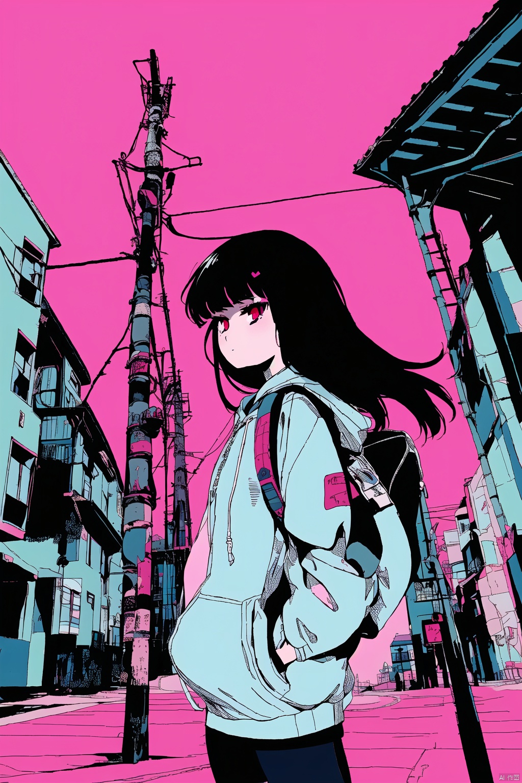 1girl, solo, long hair, bangs, black hair, red eyes, long sleeves, standing, jacket, outdoors, hood, pink eyes, bag, hoodie, floating hair, pink background, hood down, wind, building, hands in pockets, limited palette, power lines, flat color, utility pole